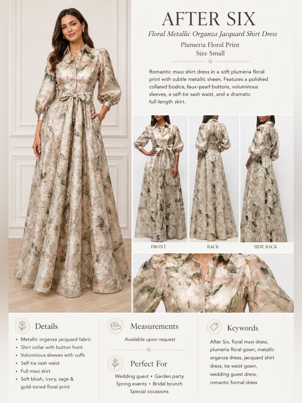 After Six Plumeria Floral Metallic Organza Jacquard Maxi Shirt Dress Small